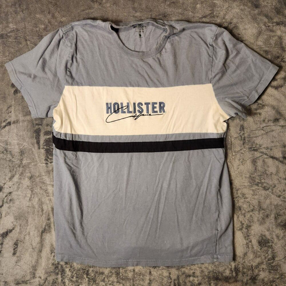 Hollister Mens Medium Graphic T-Shirt M Slate Blue Colorblock Embroidered Logo